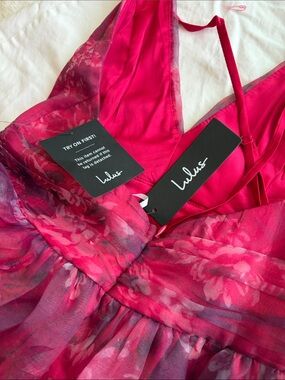 Lulu's Hot Pink Floral Backless Chiffon Dress